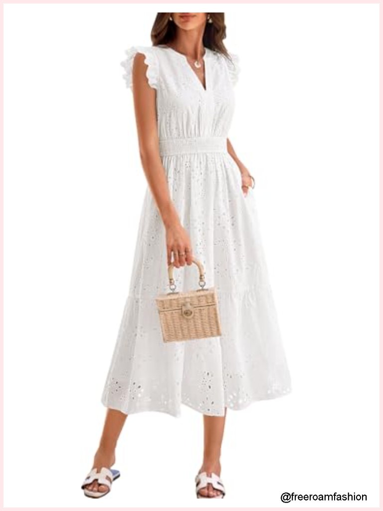 Boho Maxi Dress With Pockets Flutter Sleeve V-Neck Tiered Smocked Waist